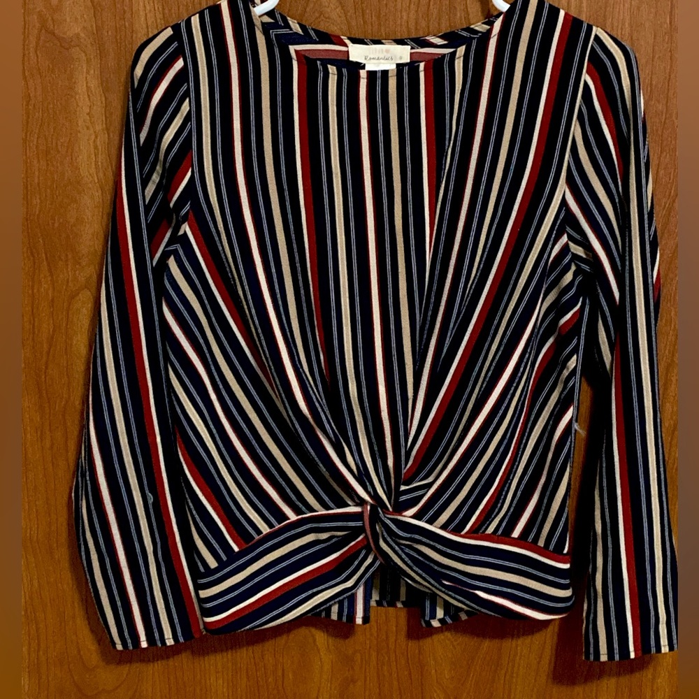 Navy blue, striped, business casual blouse.
